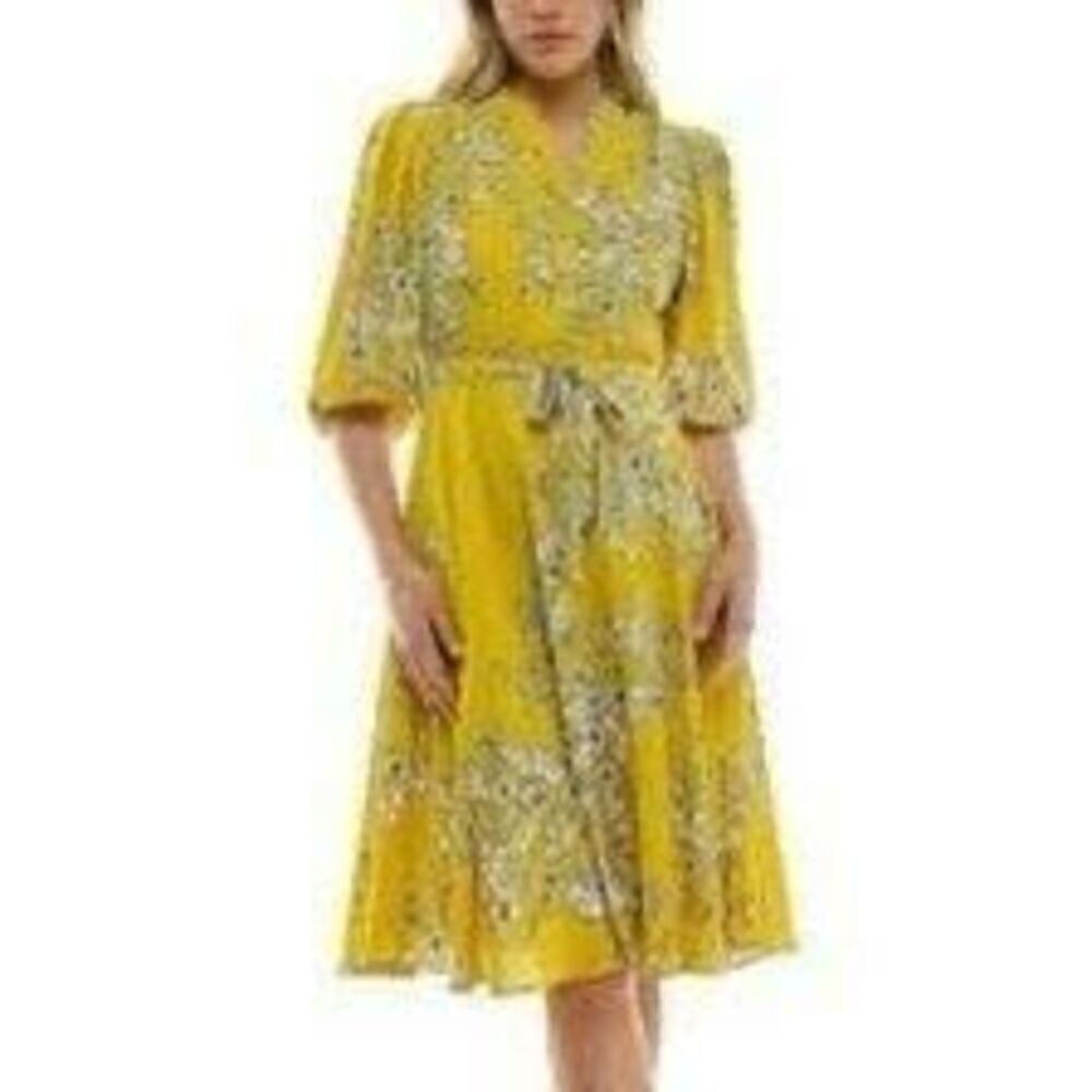 Nanette Lepore Womens 4 Blouson Pleated Shirt Dress Golden Cypress Floral Print